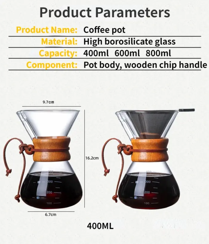 Hand Glass Coffee Kettle with Stainless Steel Filter Drip Brewing Hot Brewer Coffee Pot Dripper Barista Pour Over Coffee Maker - Image 17